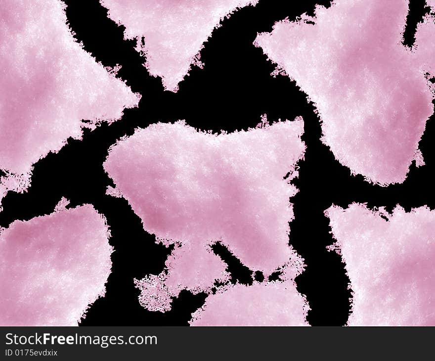 Pink Snow Isolated on Pure Black Background (These patches of ice look like continents on a map)