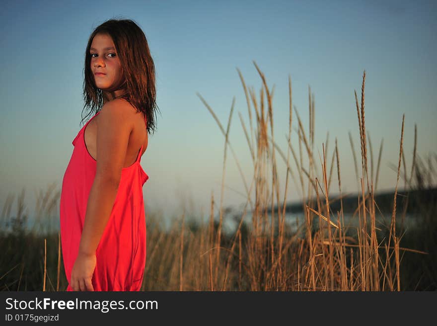 Young girl in red dress standing in nature. Young girl in red dress standing in nature