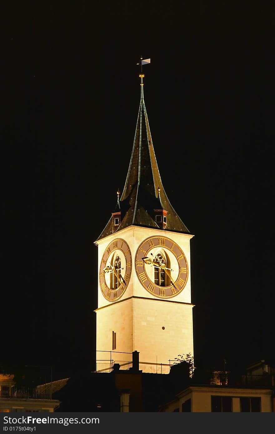 St. Peter's Church tower with Europe?s largest church clock face in Zurich at night. St. Peter's Church tower with Europe?s largest church clock face in Zurich at night