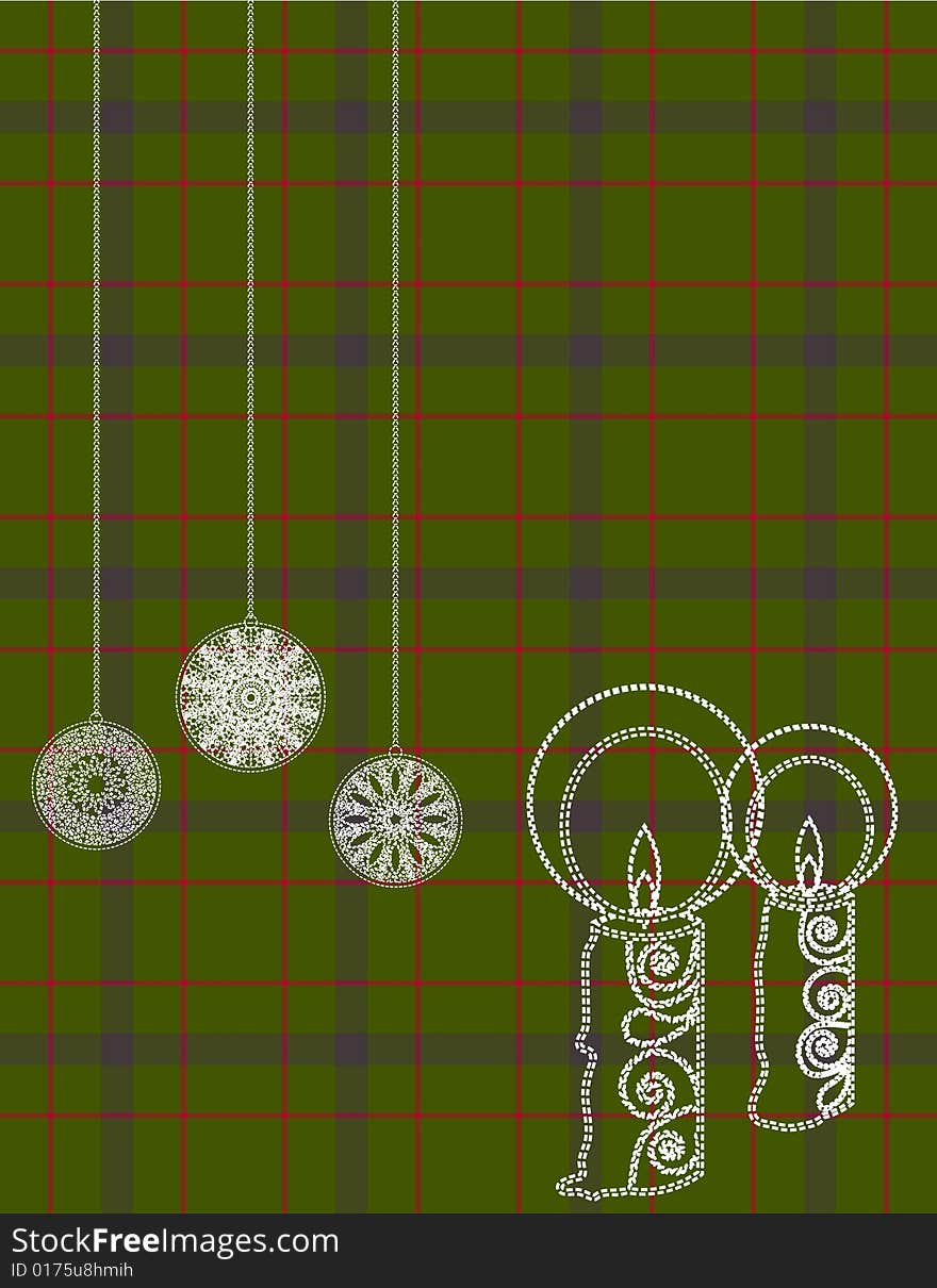 Christmas background with stylized baubles and candles on plaid. Christmas background with stylized baubles and candles on plaid