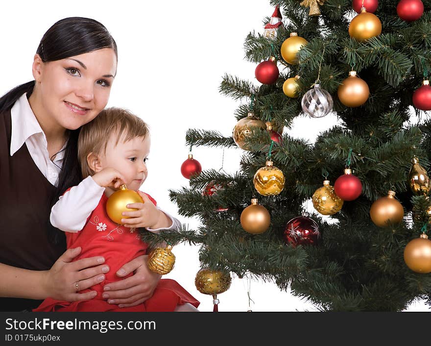 Happy mother and daughter over christmas tree. Happy mother and daughter over christmas tree