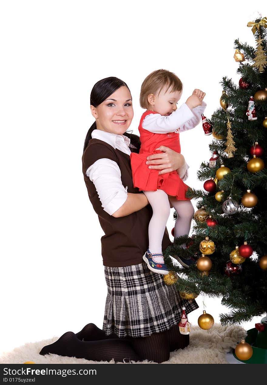 Happy mother and daughter over christmas tree. Happy mother and daughter over christmas tree