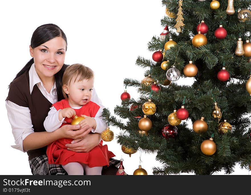 Happy mother and daughter over christmas tree. Happy mother and daughter over christmas tree