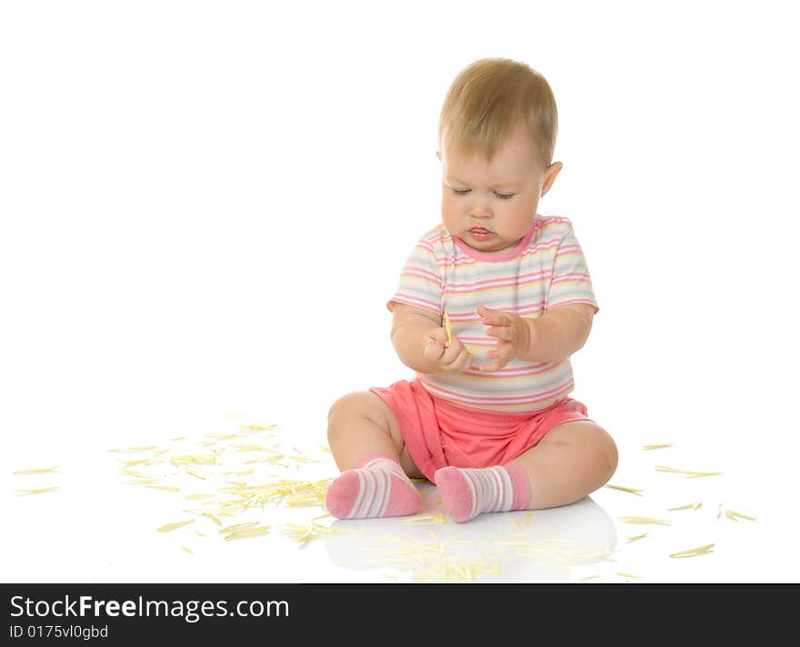 Sitting small baby with yellow petals #5 isolated