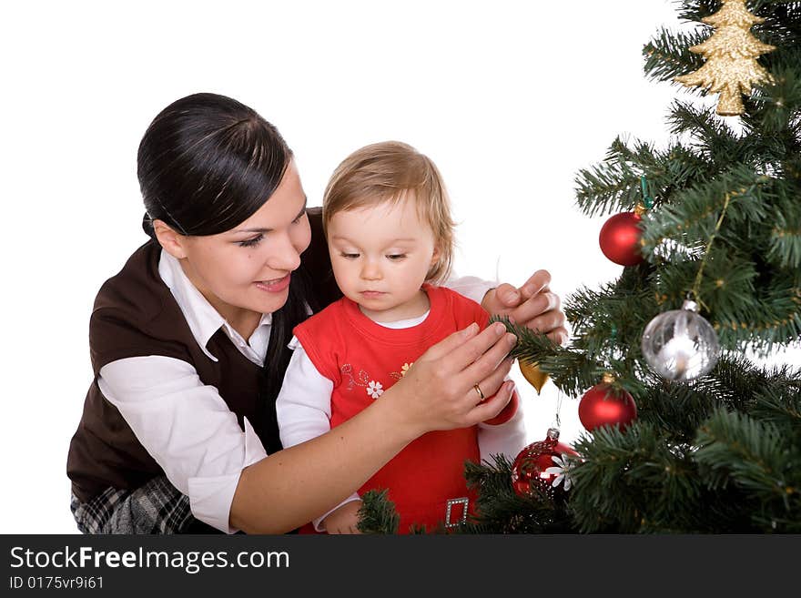 Happy mother and daughter over christmas tree. Happy mother and daughter over christmas tree