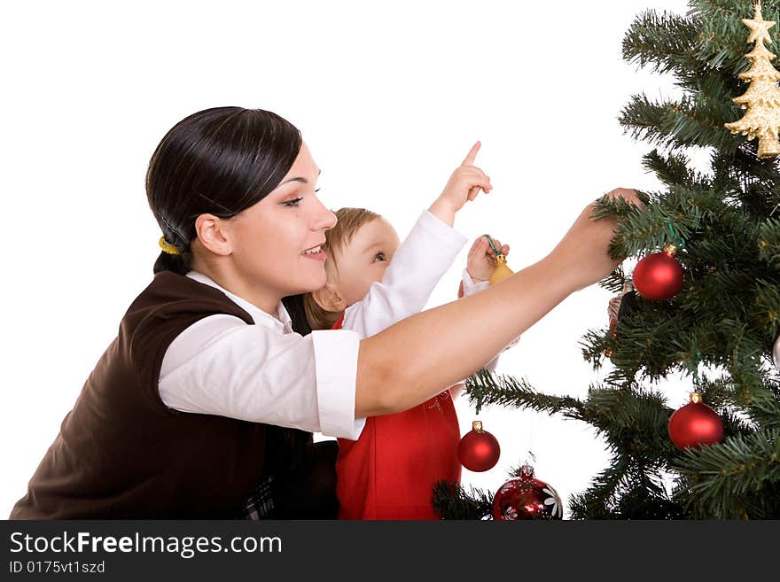 Happy mother and daughter over christmas tree. Happy mother and daughter over christmas tree