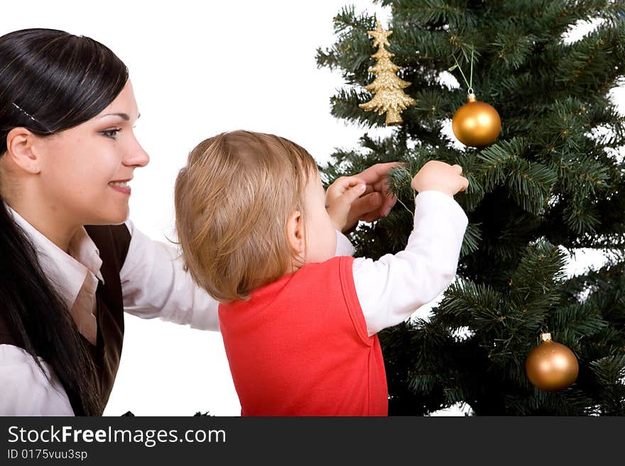 Happy mother and daughter over christmas tree. Happy mother and daughter over christmas tree