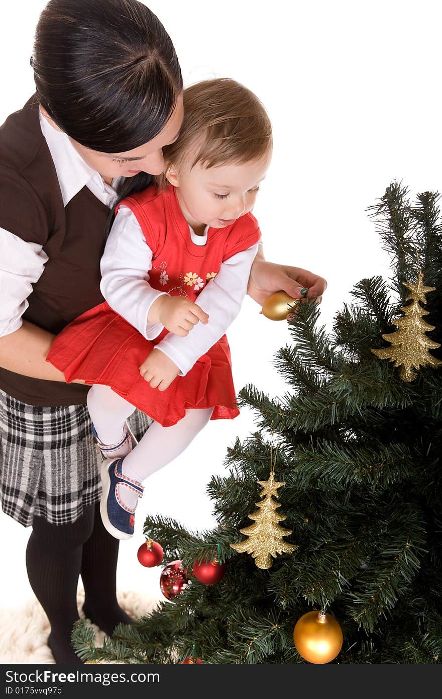 Happy mother and daughter over christmas tree. Happy mother and daughter over christmas tree