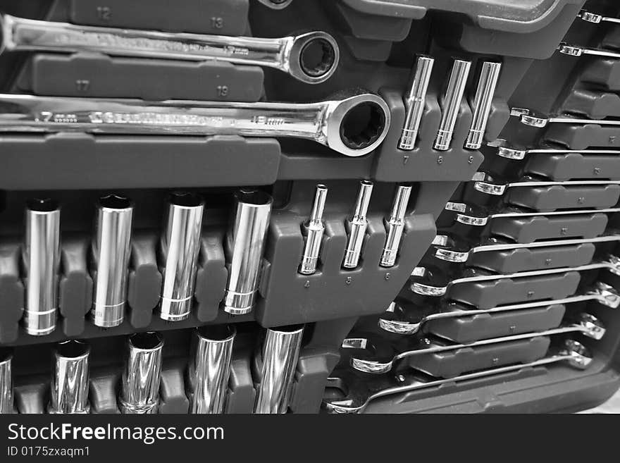 A set of spanners and repair in a plastic box. A set of spanners and repair in a plastic box