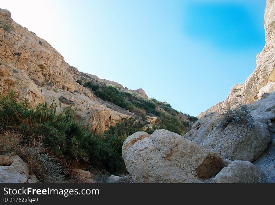 The sky and the hot Sun between two rocks