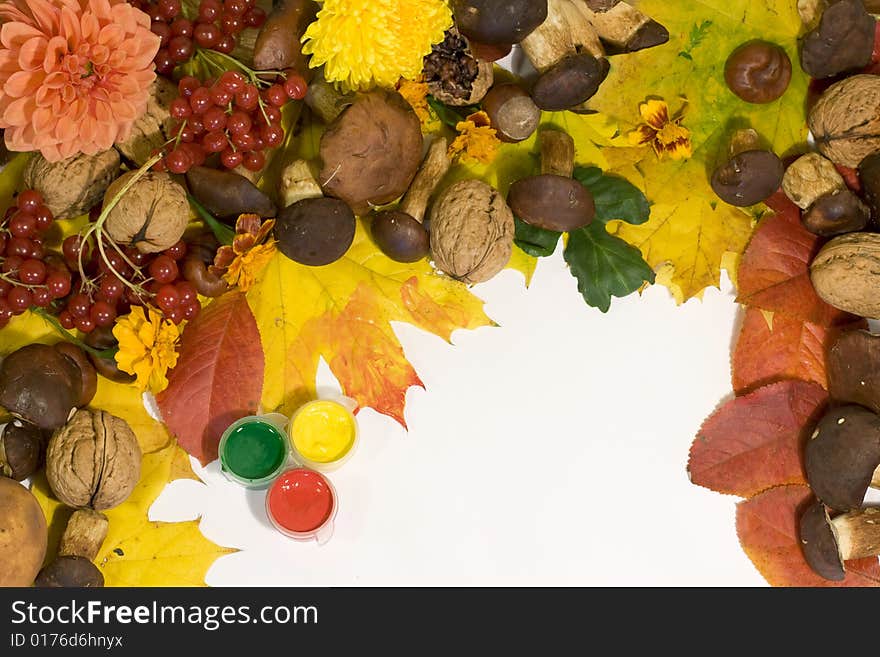 Frame made with autumn leaves, nuts, mushrooms and berries with copyspace. Frame made with autumn leaves, nuts, mushrooms and berries with copyspace