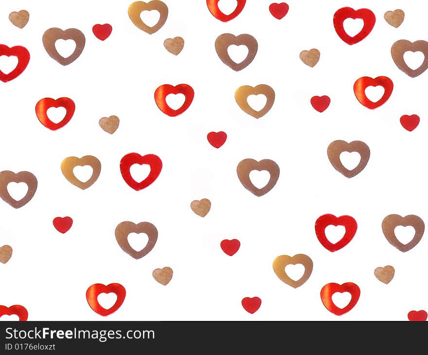 Confetti background, red and silver hearts