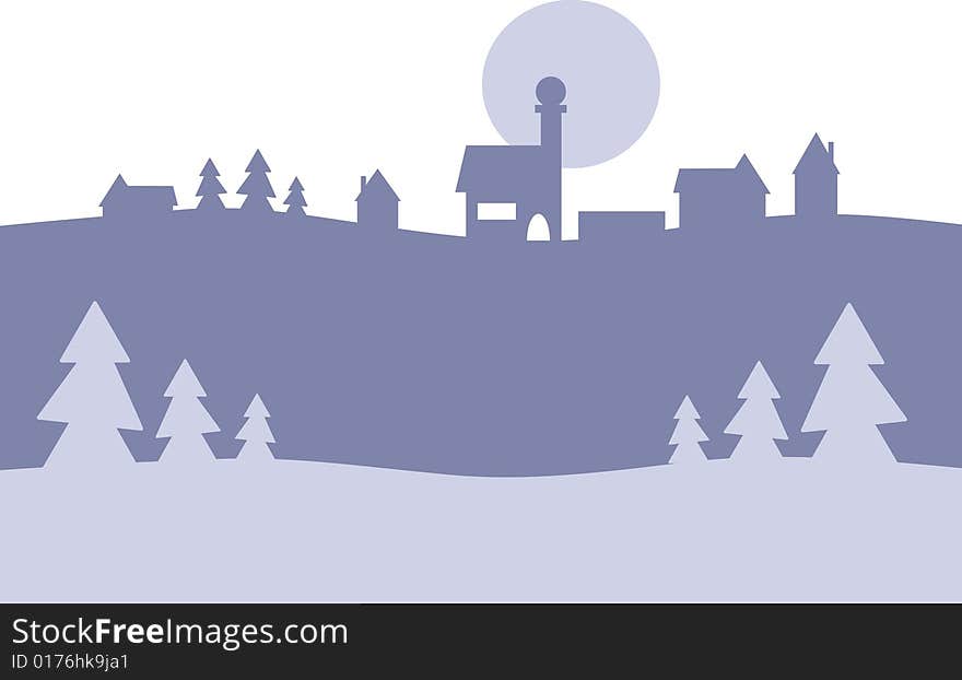 Simple background illustration showing a winter landscape with trees in the foreground and a little village on a hill in the background (isolated). Simple background illustration showing a winter landscape with trees in the foreground and a little village on a hill in the background (isolated)