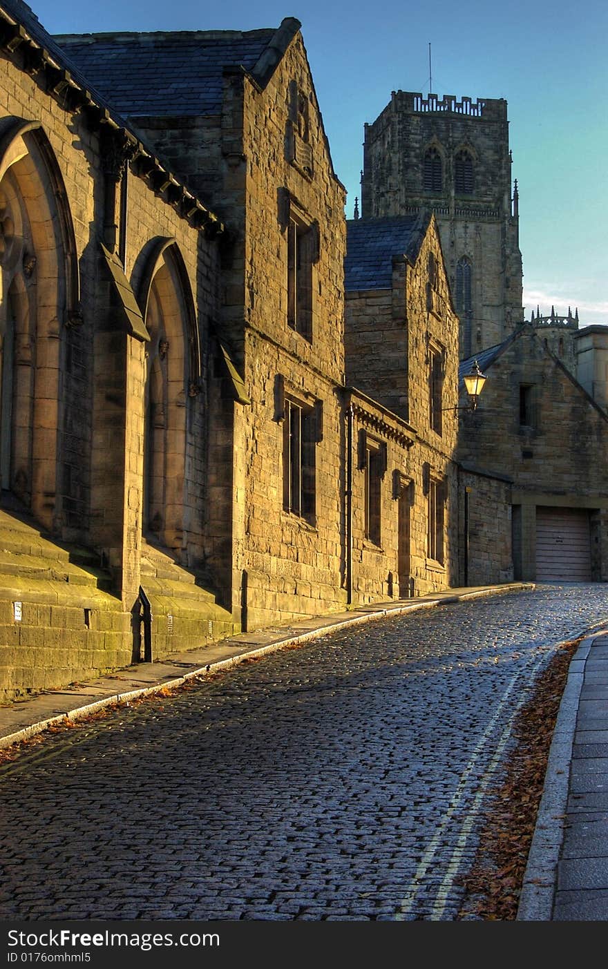 A view up the cobbled street of Owengate in the historic world heritage site of Durham, North East England. A view up the cobbled street of Owengate in the historic world heritage site of Durham, North East England