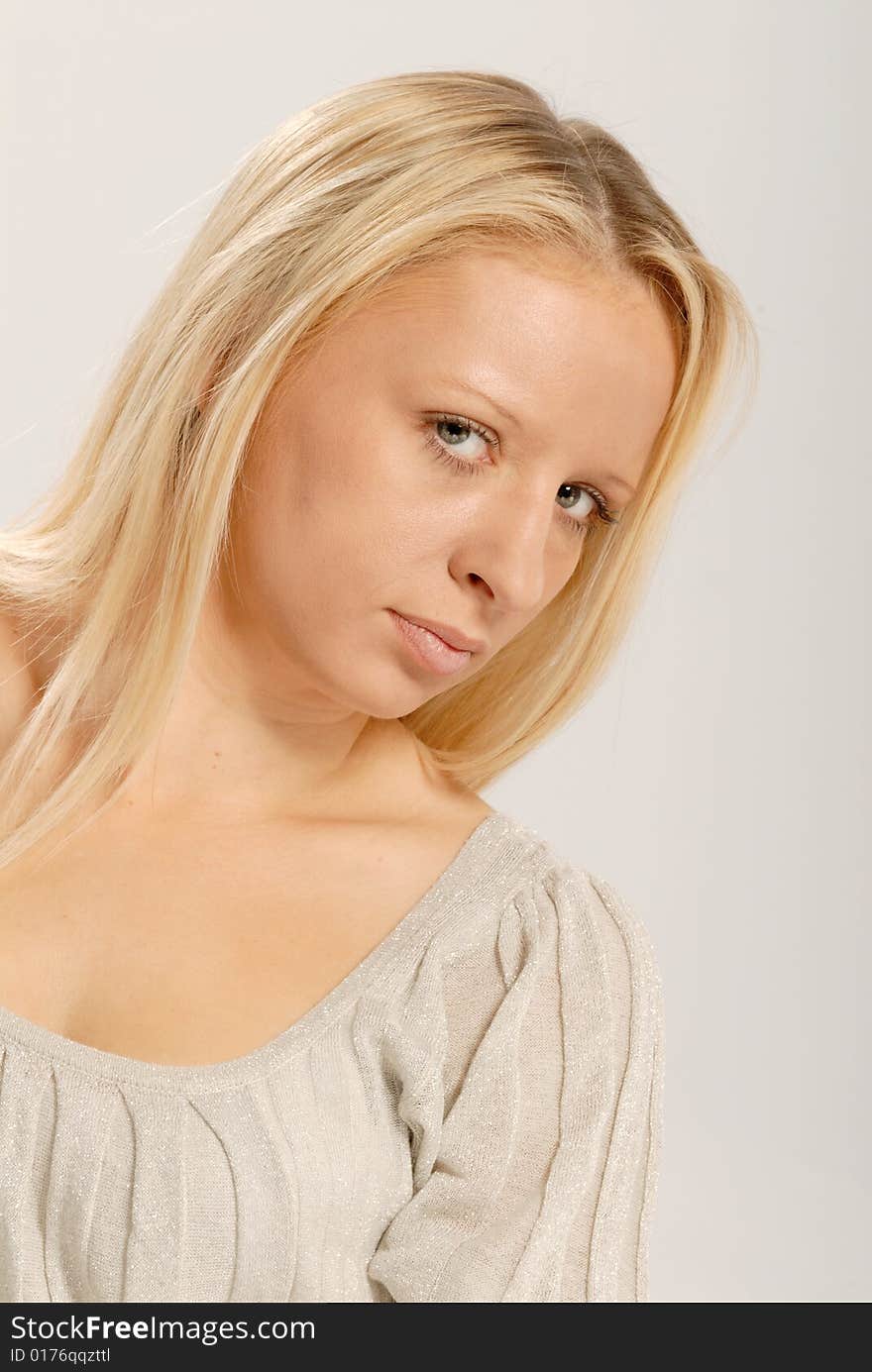 Close up portrait of cute young lady with straight blond hair. Close up portrait of cute young lady with straight blond hair