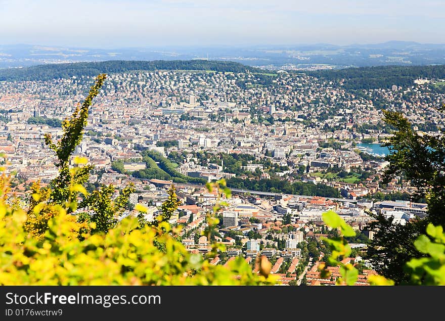 The aerial view of Zurich City from the top of Mount Uetliberg