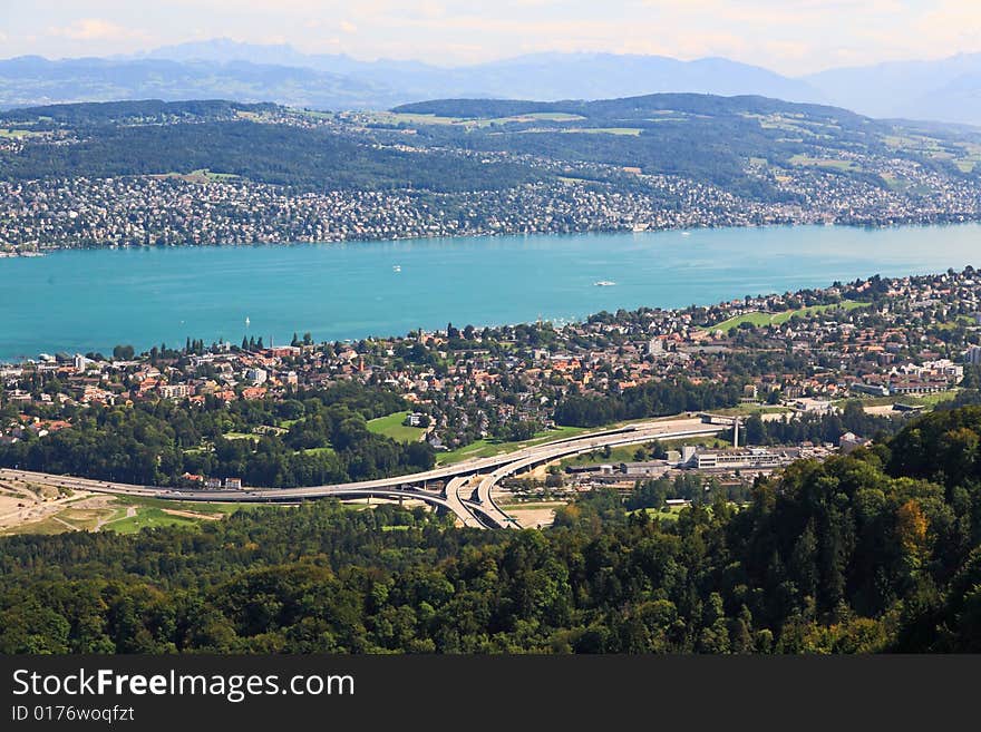 The aerial view of Lake Zurich