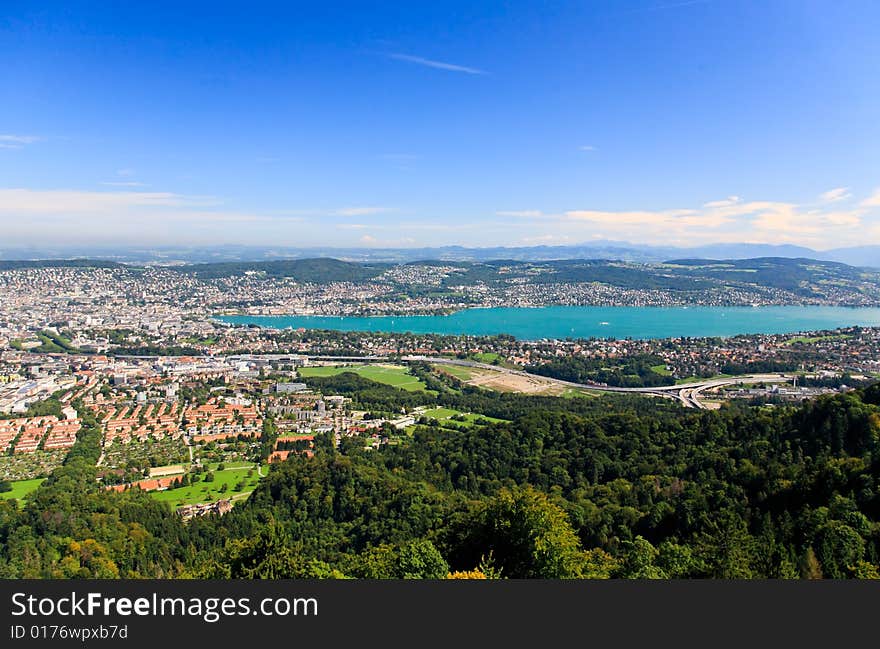 The aerial view of Lake Zurich