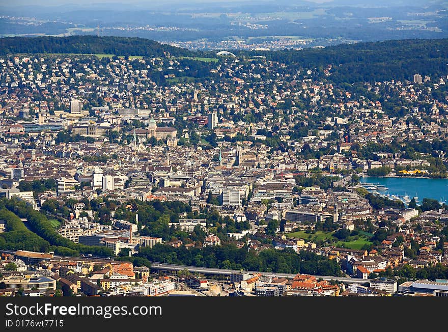 The aerial view of Zurich City from the top of Mount Uetliberg