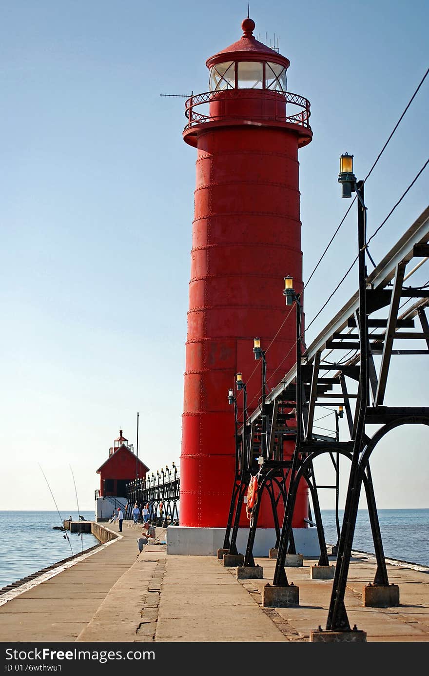 Red lighthouse with a catwalk. Red lighthouse with a catwalk.