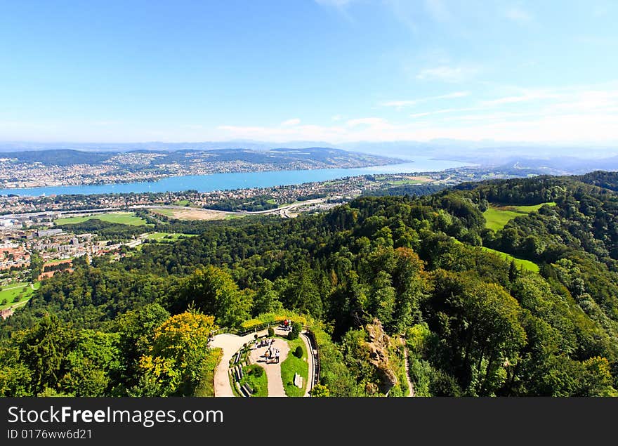 The aerial view of Lake Zurich