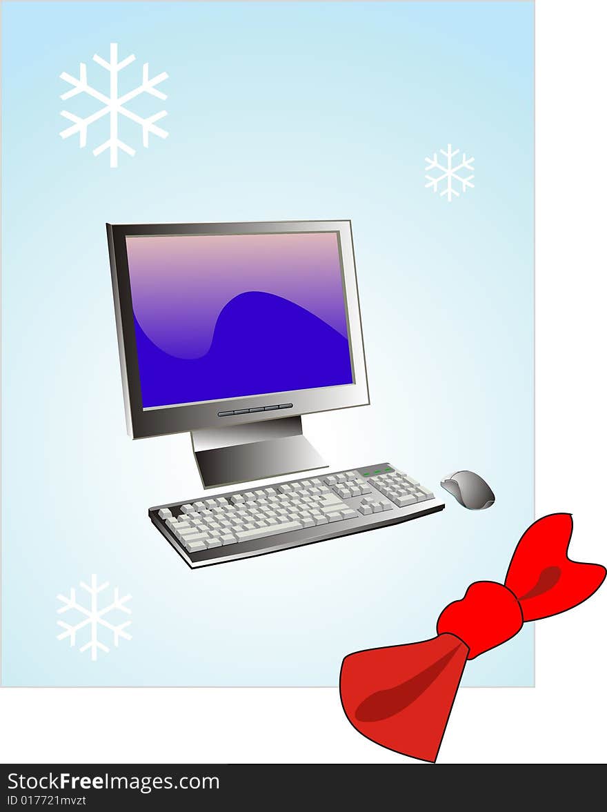 Monitor keyboard on turn blue background with snowflake. Monitor keyboard on turn blue background with snowflake