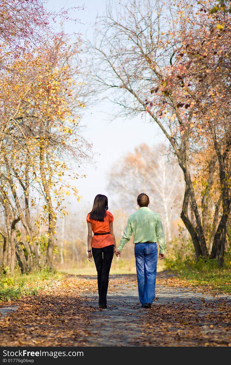 Young happy couple walking in the autumn park. Young happy couple walking in the autumn park