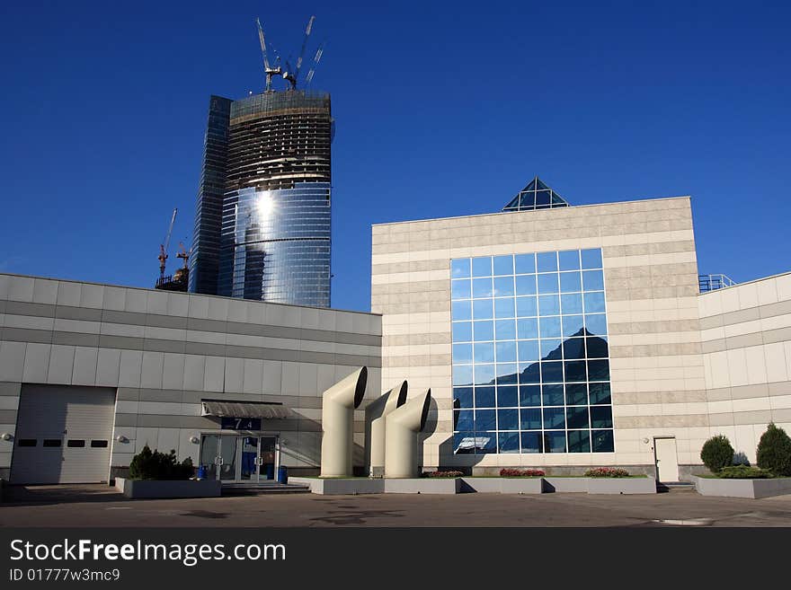 Moscow-city complex construction. View from the Expo Center yard.