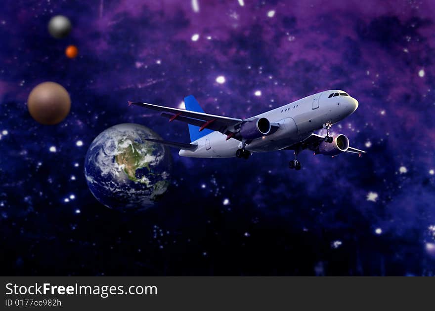 Airplane and a earth space view. Airplane and a earth space view