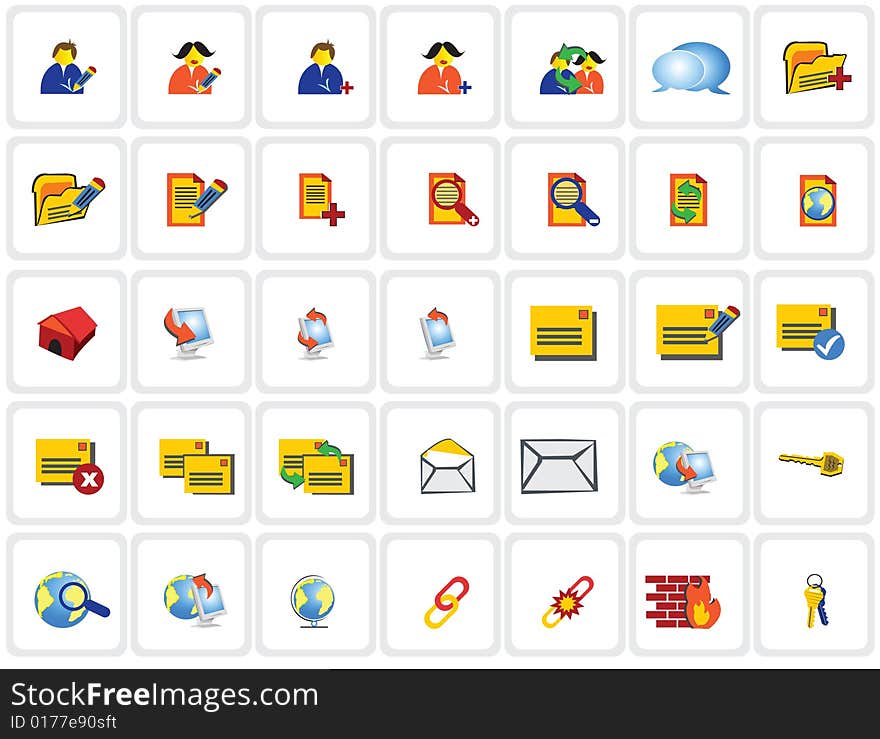 Vector illustration of 35 colored network icons. Vector illustration of 35 colored network icons