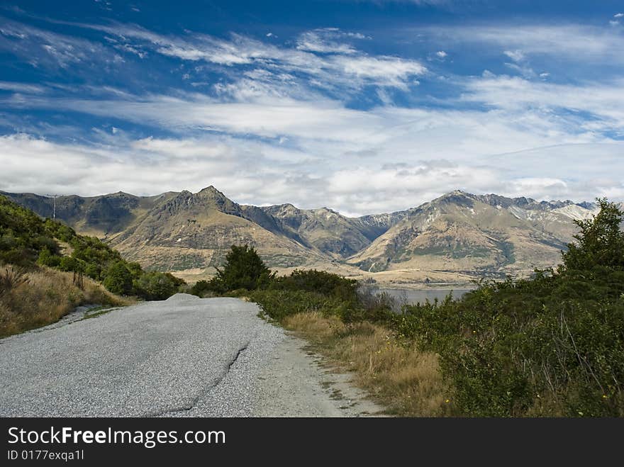 Road to Glenorchy near Queenstown, South Island, New Zealand, with view on Southern Alps. Road to Glenorchy near Queenstown, South Island, New Zealand, with view on Southern Alps