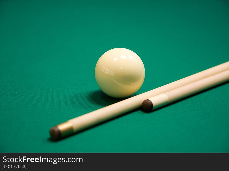 Billiard set on green table . Focus point on a ball