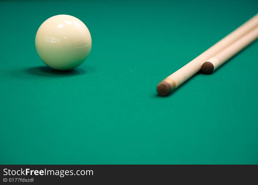 Billiard set on green table . Focus point on a ball