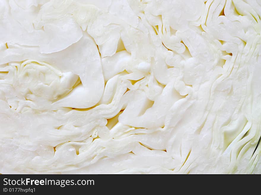 A close-up shot of the patterns seen in a white cabbage cross section. A close-up shot of the patterns seen in a white cabbage cross section