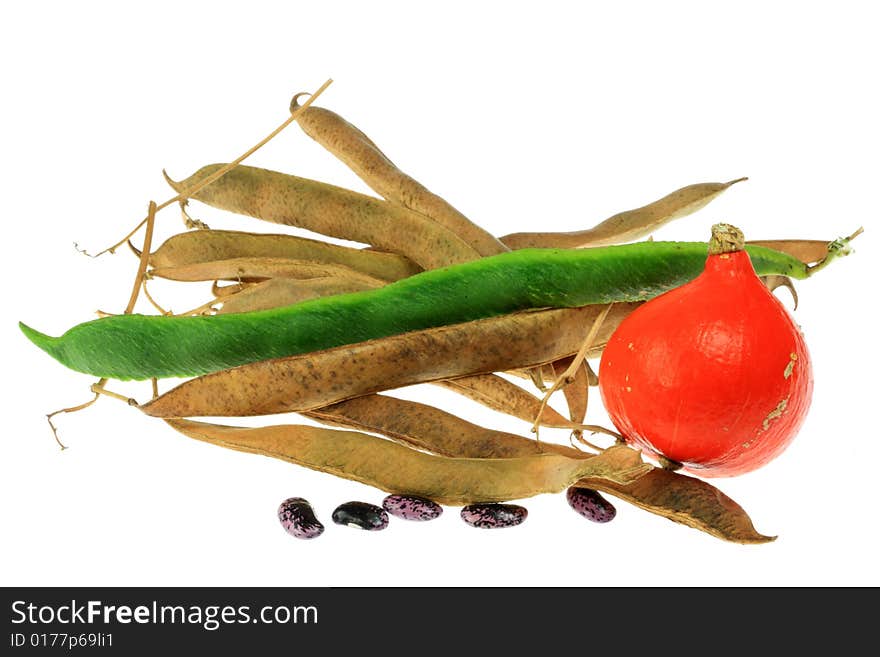 Green bean and pumpkin isolated on a white background. Green bean and pumpkin isolated on a white background.