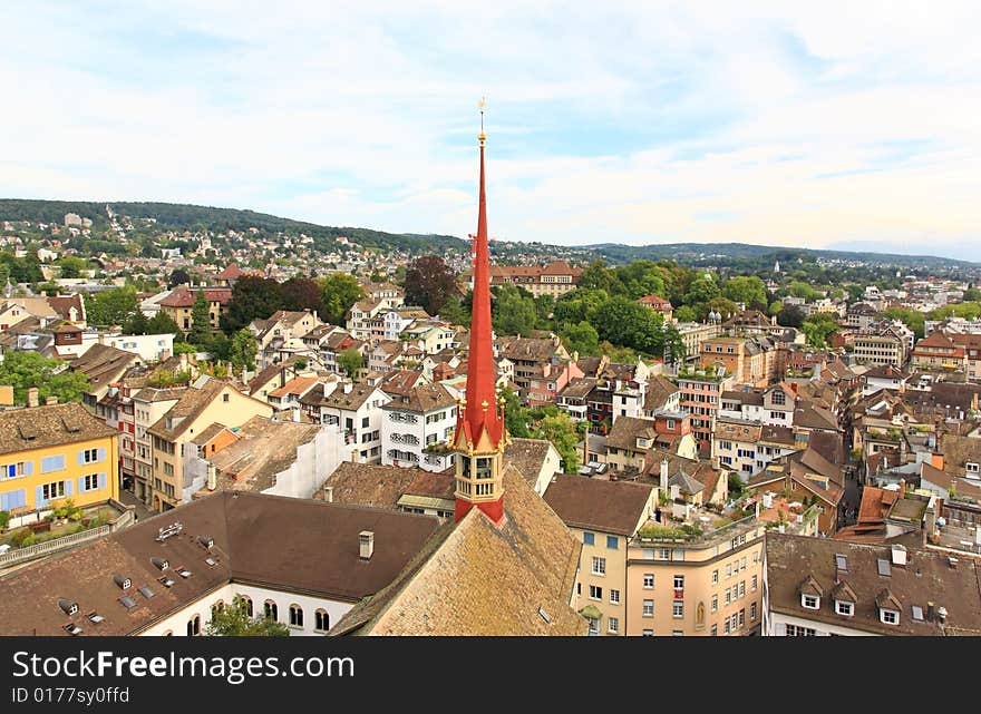 The aerial view of Zurich cityscape from the tower of famous Grossmunster Cathedral