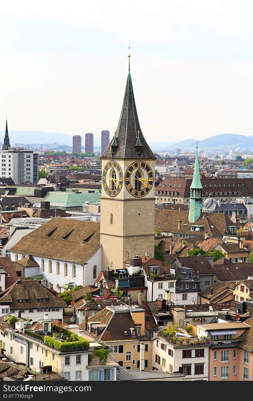 The aerial view of Zurich cityscape from the tower of famous Grossmunster Cathedral