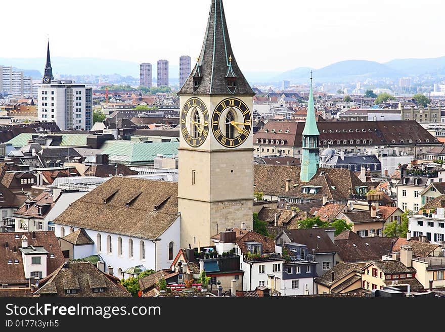 The aerial view of Zurich cityscape from the tower of famous Grossmunster Cathedral