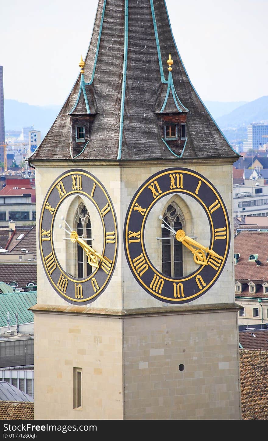 The aerial view of Zurich cityscape from the tower of famous Grossmunster Cathedral