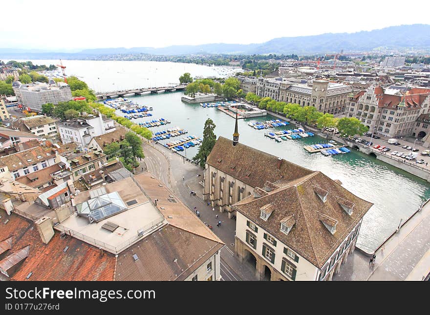 The aerial view of Zurich cityscape from the tower of famous Grossmunster Cathedral