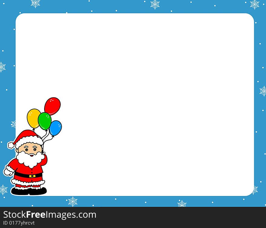 Beautiful blue winter web site background with a cute Santa Claus with colorful balloond in his hand in snow for christmas web sites and greetings. Beautiful blue winter web site background with a cute Santa Claus with colorful balloond in his hand in snow for christmas web sites and greetings