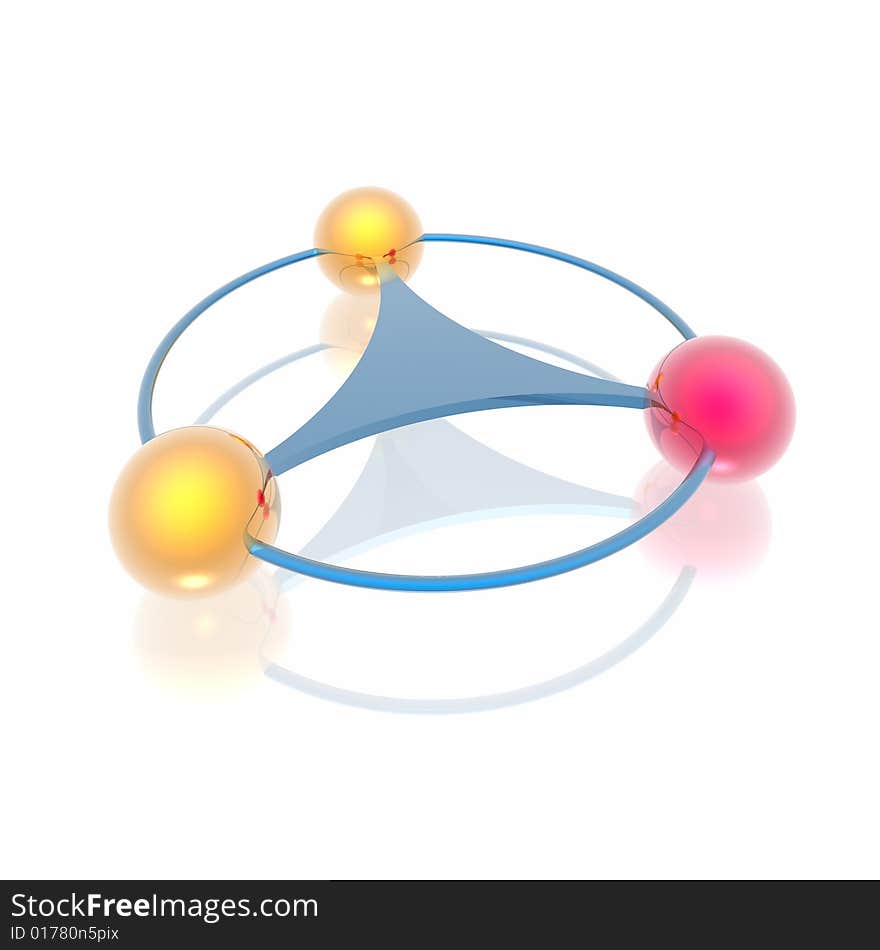 Abstract symbol from two gold and a red sphere