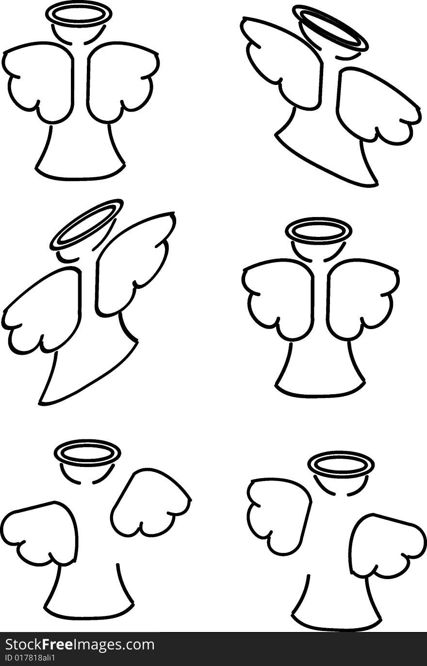 Set of silhouette angels in black and white color