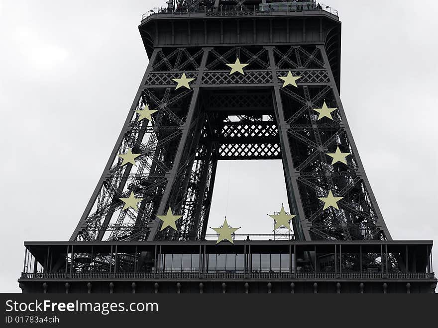 EU stars celebrating the French presidency of the EU in 2008.
Part of Eiffel Tower in Paris, France. EU stars celebrating the French presidency of the EU in 2008.
Part of Eiffel Tower in Paris, France