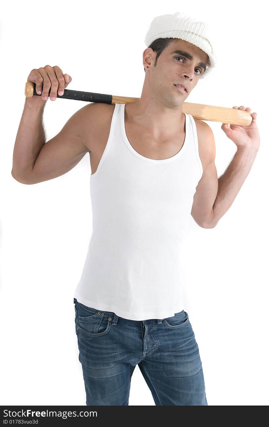 Baseball player with batter isolated in white