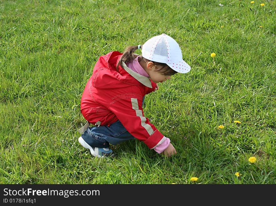 Little girl in red coat tear flower