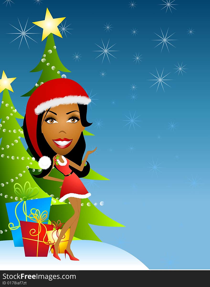 An illustration featuring an african american woman wearing a festive little red dress standing in front of green tree and blue colored background with presents. An illustration featuring an african american woman wearing a festive little red dress standing in front of green tree and blue colored background with presents