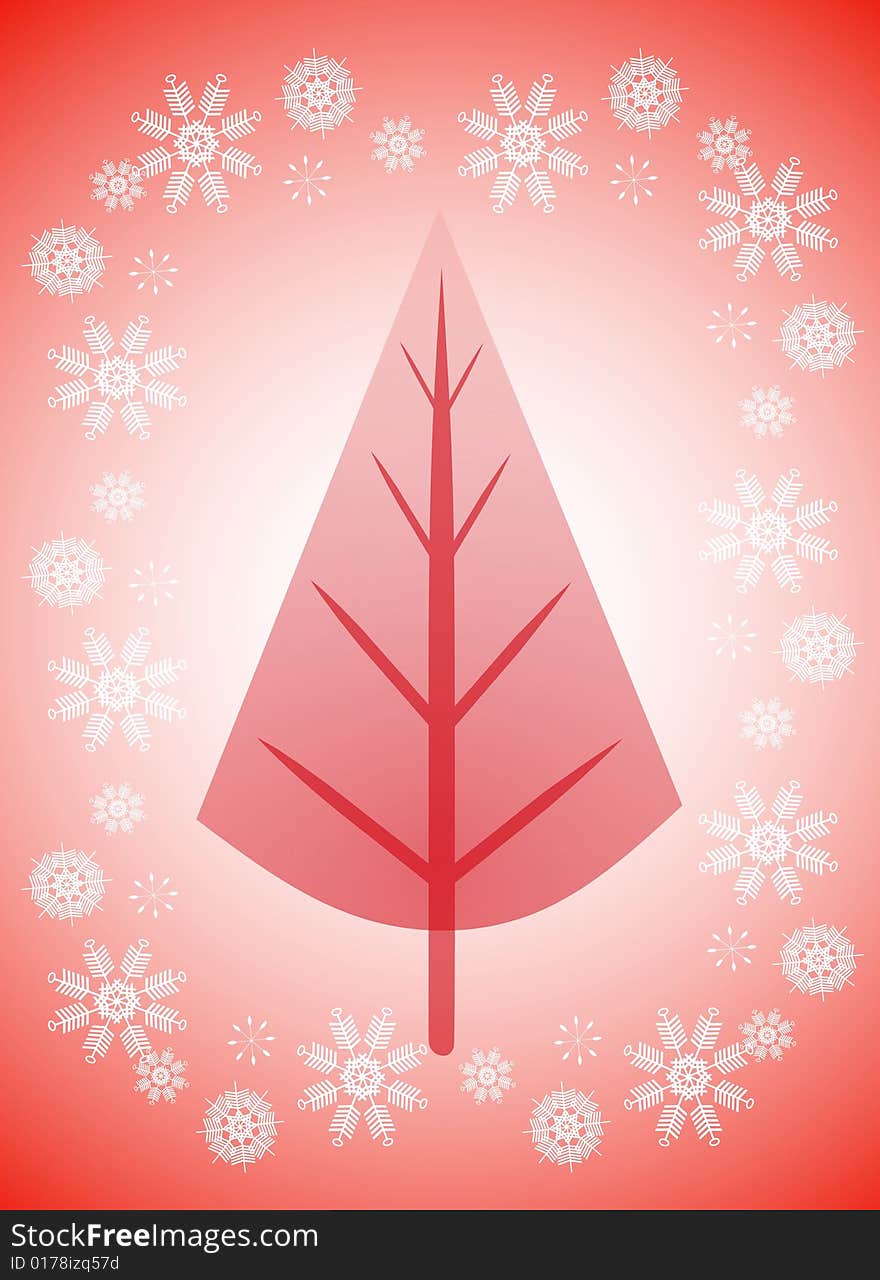 A background illustration featuring a red background with white snowflakes and tree in the middle. A background illustration featuring a red background with white snowflakes and tree in the middle