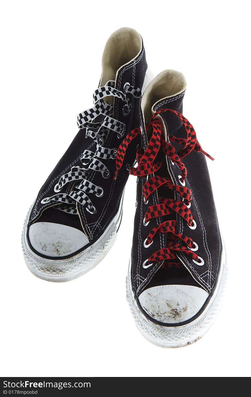 Freaky shoes with a red and white shoelace