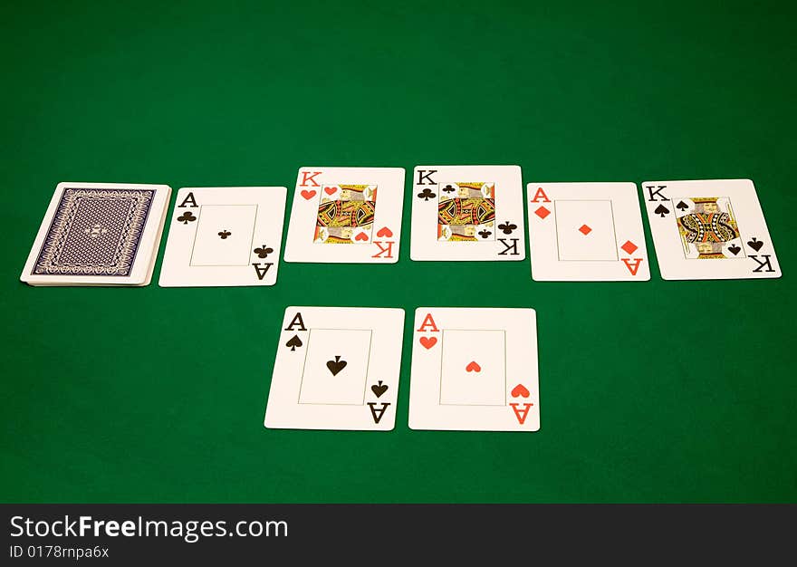 Good card on winning hand in poker at casino on green table. Good card on winning hand in poker at casino on green table